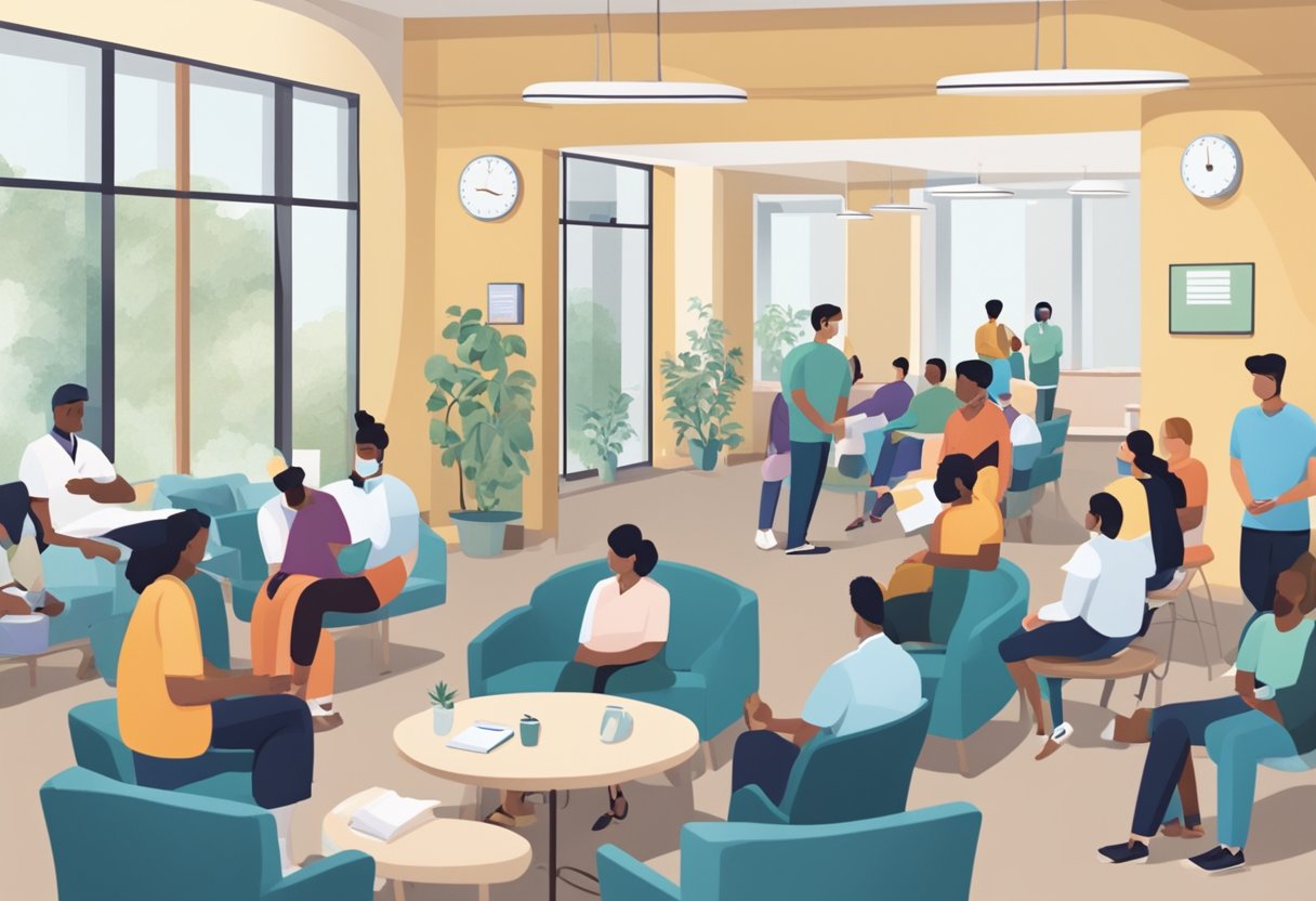 A crowded waiting room with patients and staff. A sign reads "Frequently Asked Questions sgh cardiology." Magazines and brochures are scattered on tables