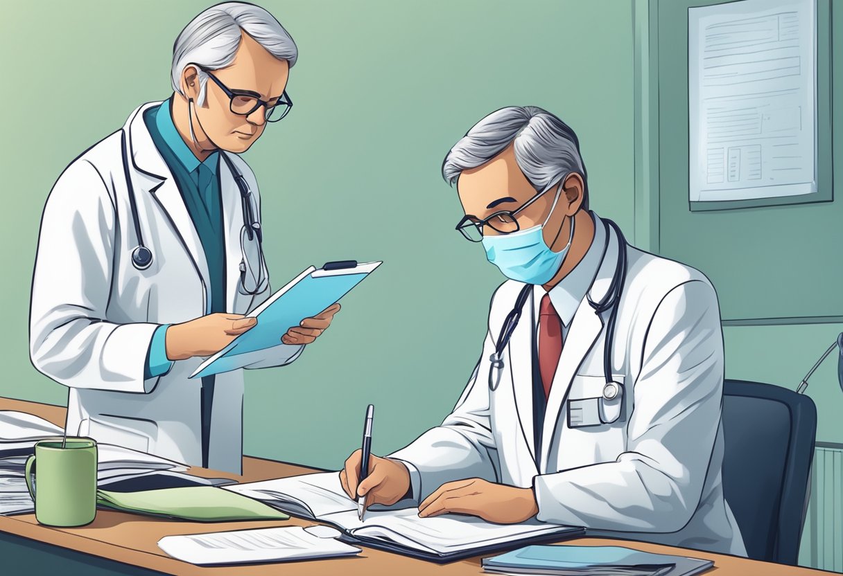 A cardiologist and a cardiothoracic surgeon consult over a patient's medical records and discuss treatment options