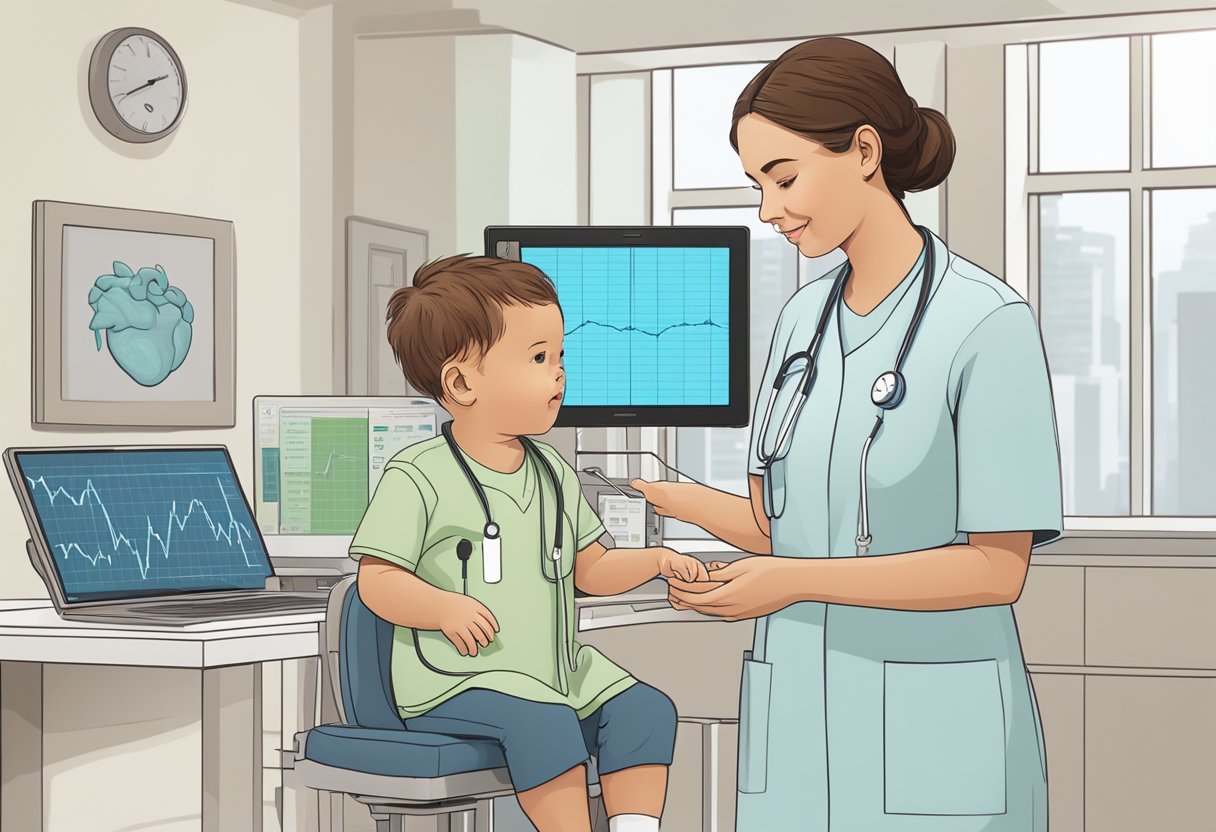 A digital display shows a fluctuating graph of an infant's heart rate. A nurse stands nearby, ready to answer questions