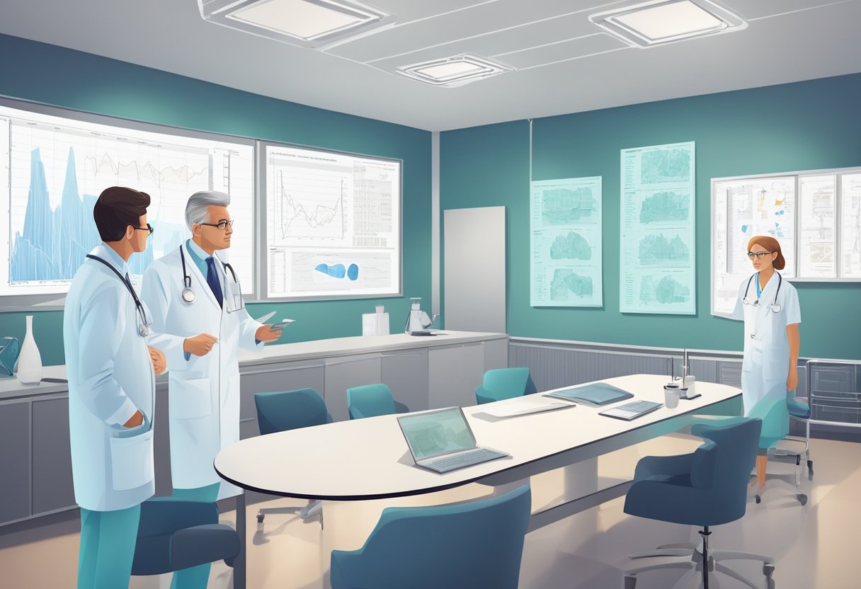 A cardiologist and cardiothoracic surgeon discussing heart procedures in a modern hospital conference room. Medical charts and diagrams on the wall