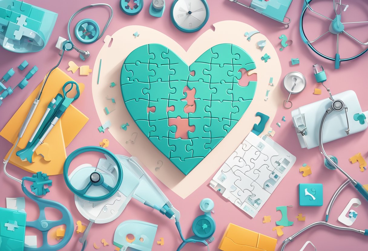 A heart-shaped puzzle with "Frequently Asked Questions" text, surrounded by medical equipment and heart diagrams