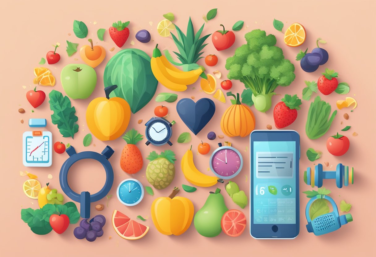 A heart surrounded by healthy lifestyle symbols like fruits, vegetables, exercise equipment, and a heart rate monitor