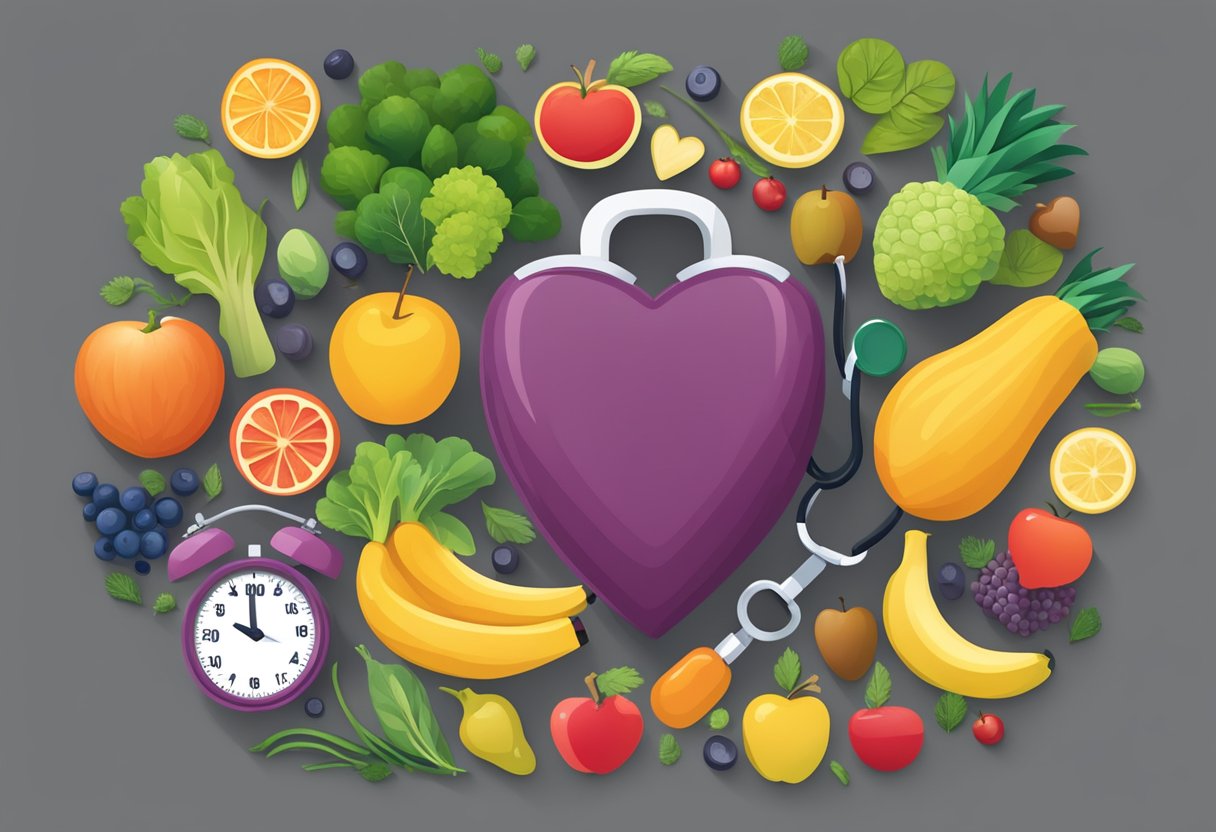 A heart surrounded by healthy lifestyle symbols: fruits, vegetables, exercise equipment, and a stethoscope