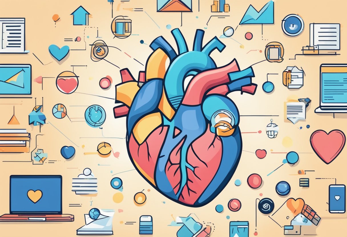 A heart surrounded by supportive resources and information