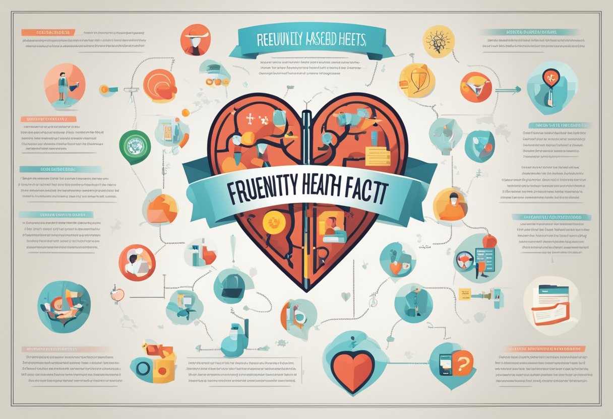 A heart-shaped diagram surrounded by medical symbols and text, with a heading "Frequently Asked Questions heart health fact sheet" at the top
