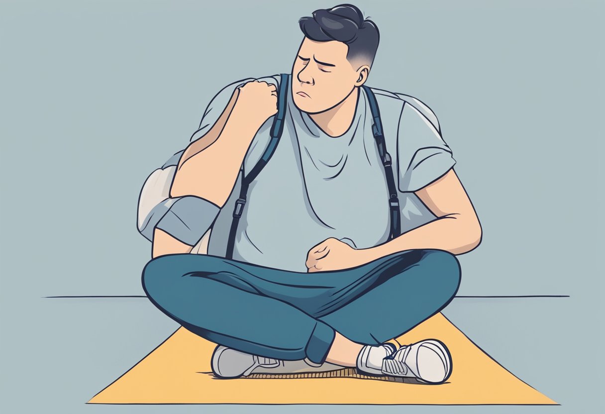 A person sitting with a grimace, holding their leg in discomfort, while their chest appears to be struggling to breathe