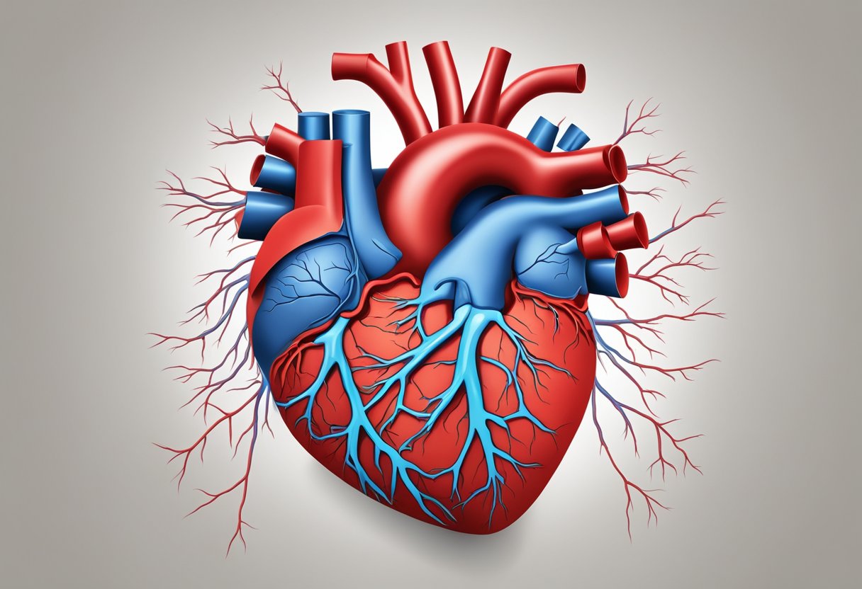 A red heart surrounded by arteries and veins, with a shadow of a clogged artery