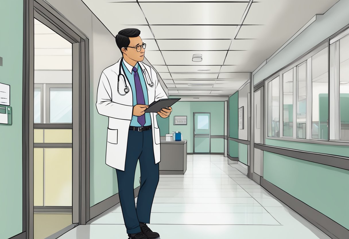 Dr. Raymond Lee, cardiologist, standing in a hospital hallway with a stethoscope around his neck, looking at a clipboard