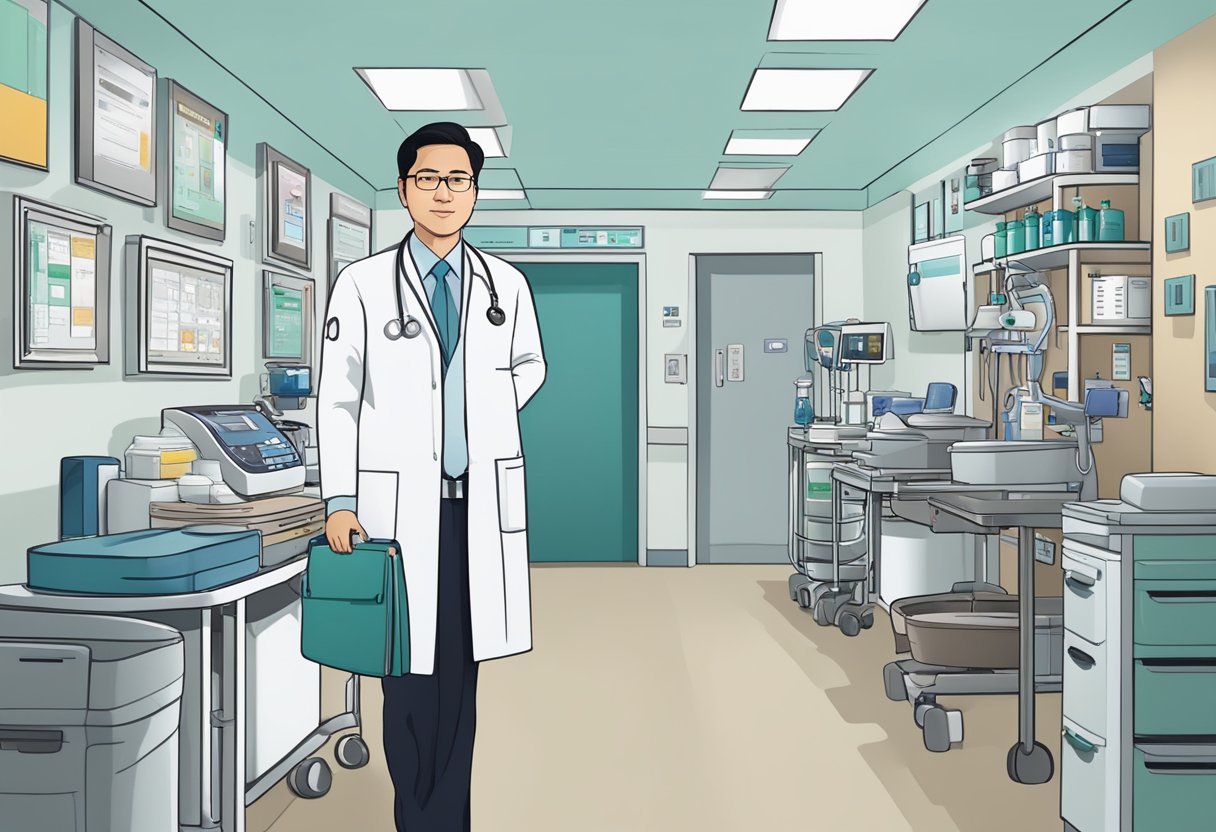 Dr. Julian Tan, a cardiologist, stands in a bustling hospital hallway, surrounded by medical equipment and charts