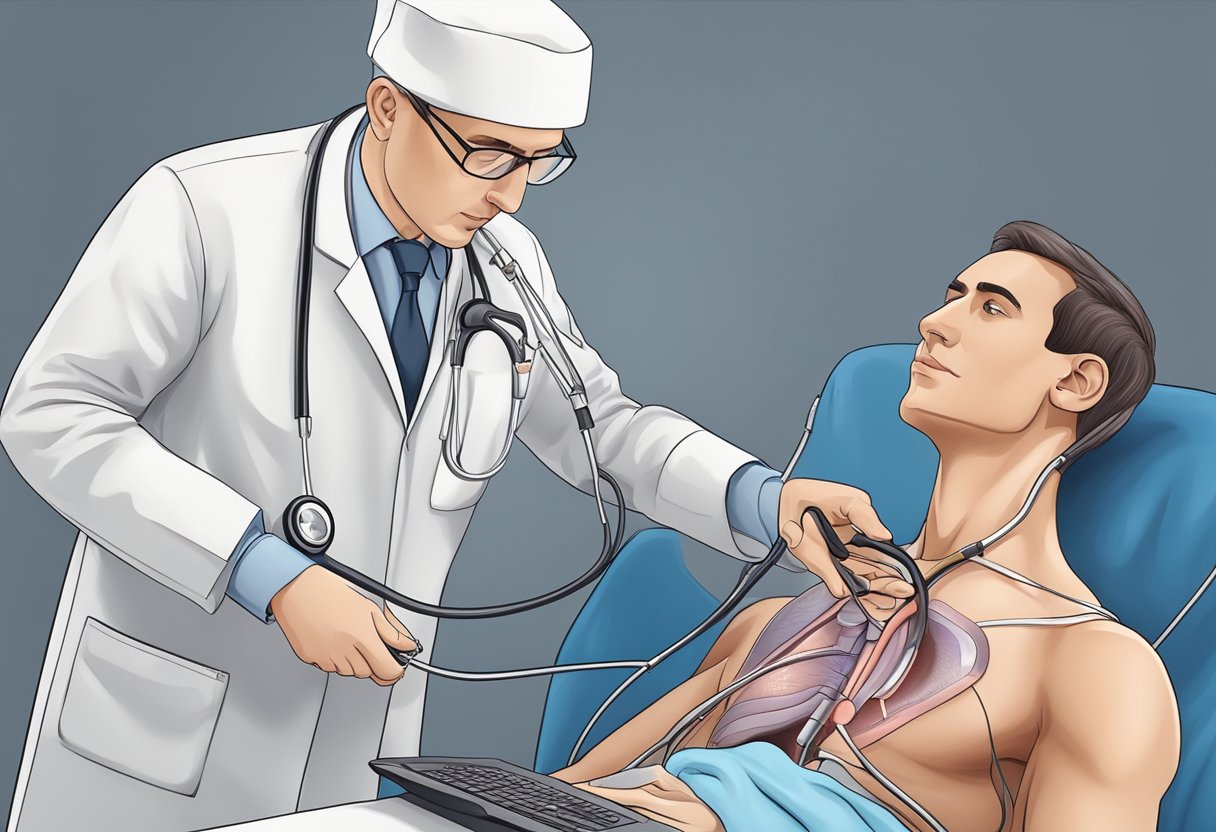 A cardiologist examining a patient's heart with a stethoscope