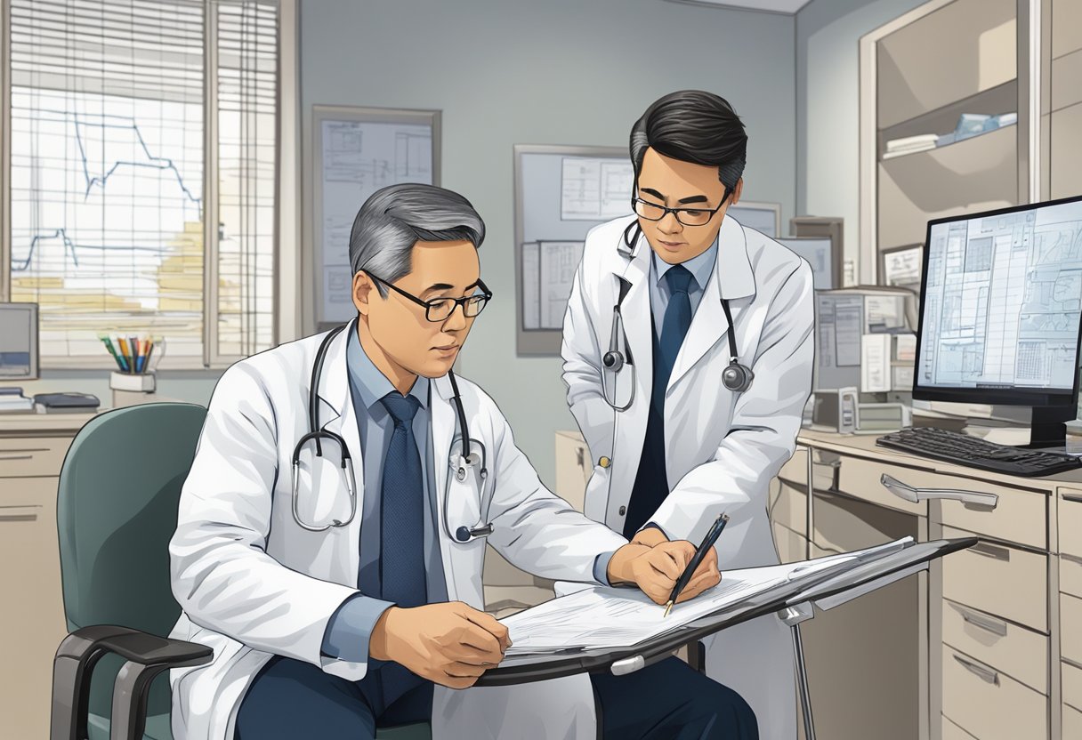 Dr. Raymond Lee consults with a patient, surrounded by medical equipment and charts. His expertise is evident in his confident and focused demeanor