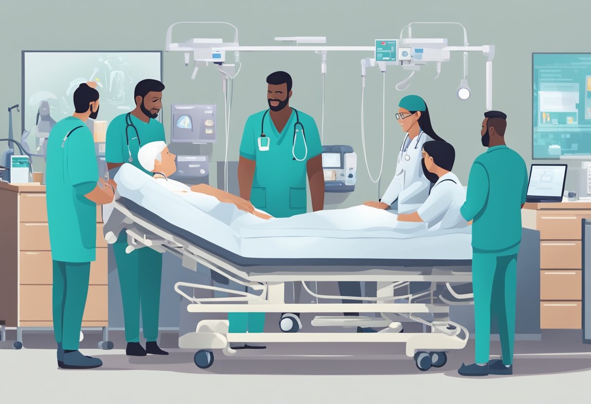 A person in a hospital bed receiving care for leg pain and congestive heart failure, surrounded by medical equipment and a healthcare team