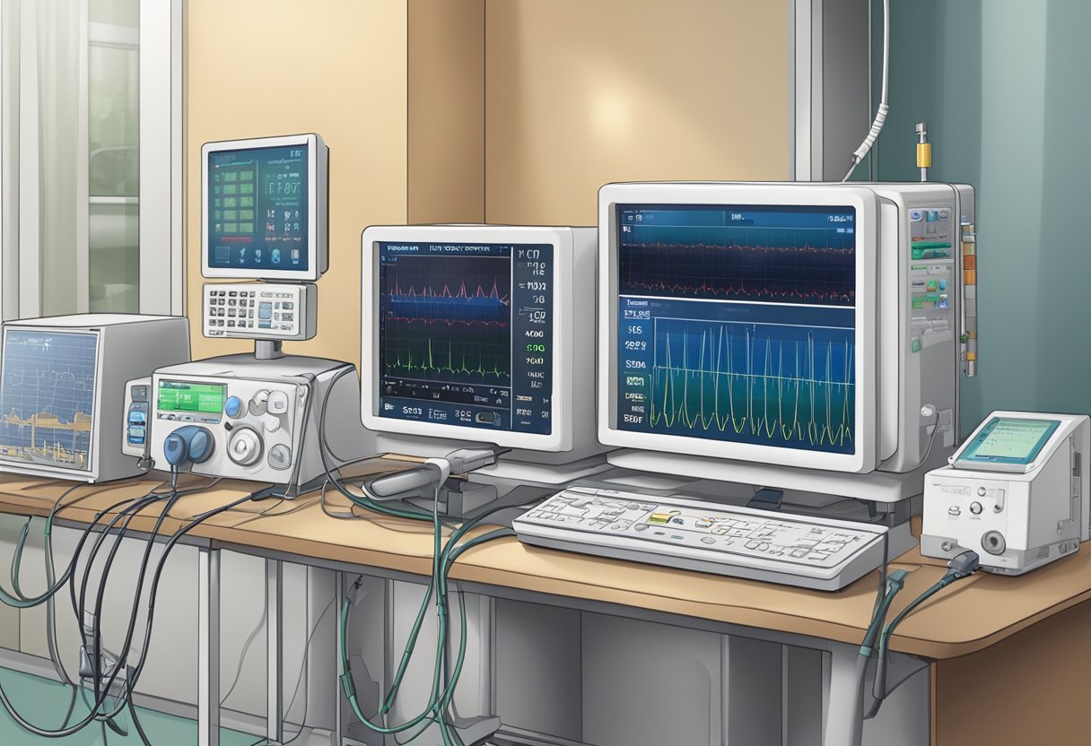 A heart monitor displaying abnormal ECG readings, a patient's chart, and medical equipment in a hospital room