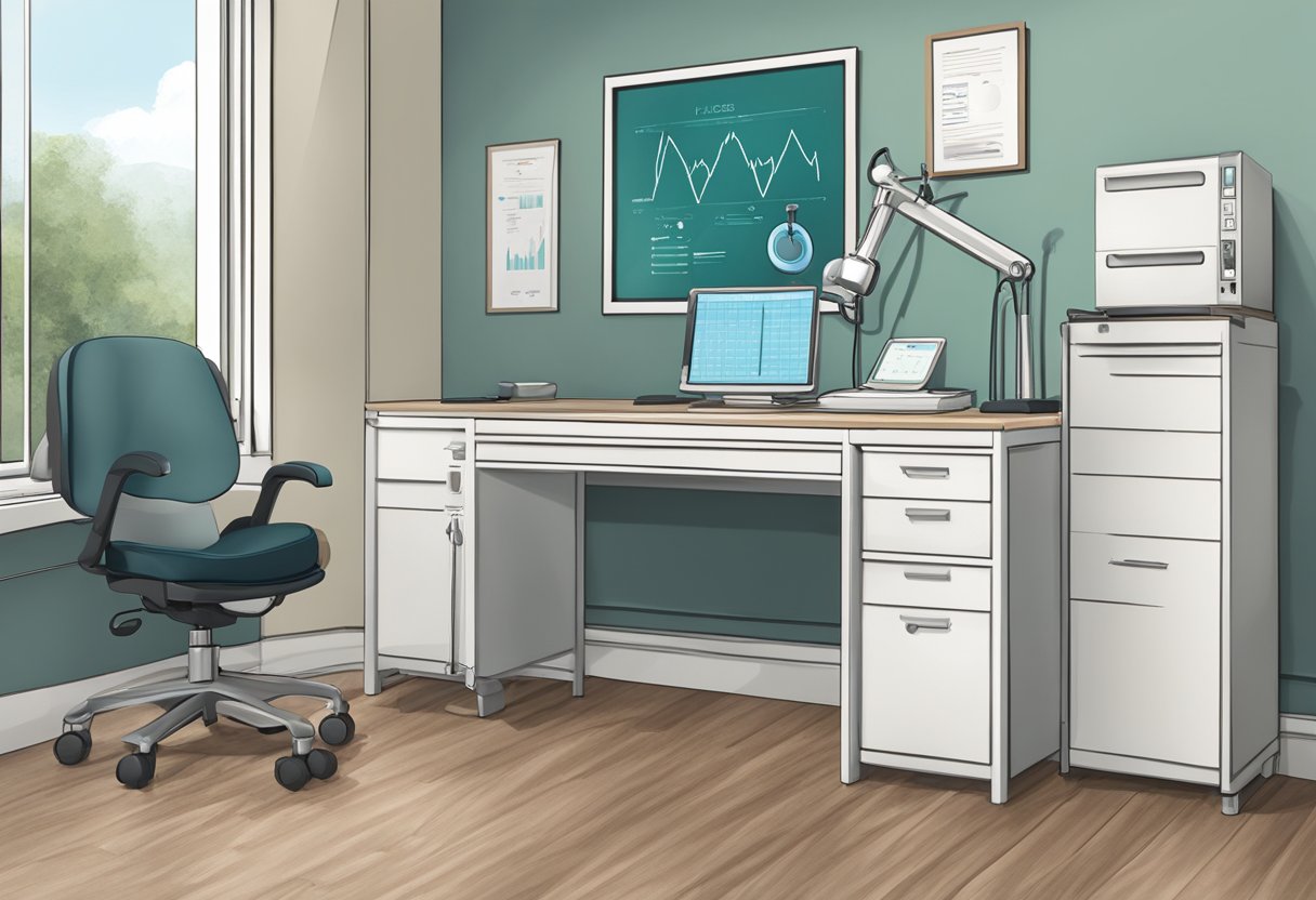 A stethoscope and EKG machine sit on a desk in a bright, modern cardiology office at Gleneagles. A framed medical degree hangs on the wall