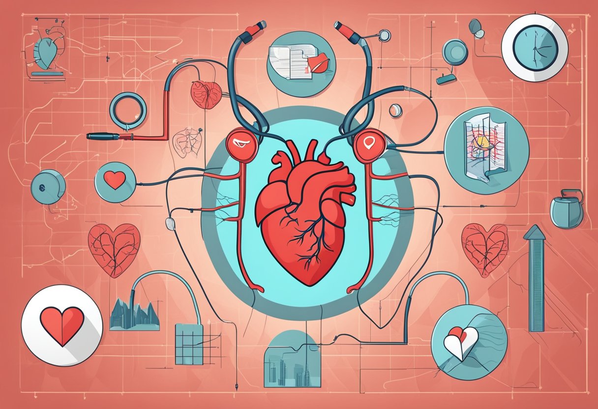 A red heart surrounded by cardiovascular system diagrams, with a stethoscope and healthy lifestyle symbols