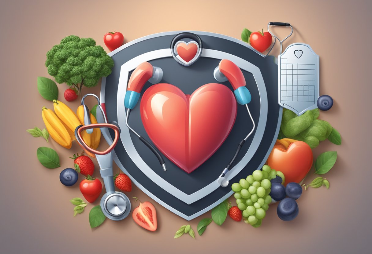 A heart surrounded by a shield, with a stethoscope and healthy lifestyle symbols