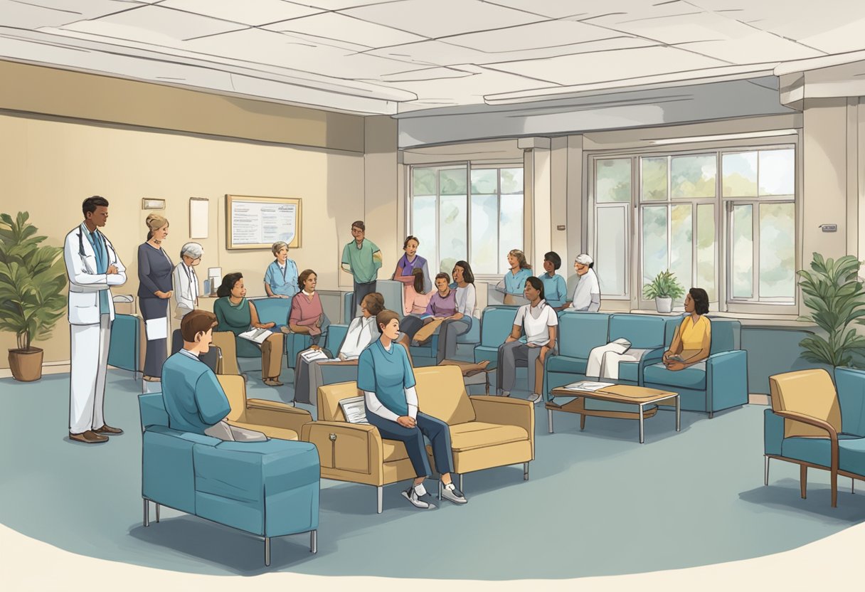 A busy hospital waiting room with patients and visitors. A sign reads "Practical Information for Patients and Visitors - Gleneagles Cardiologist." Comfortable seating and a reception desk are visible