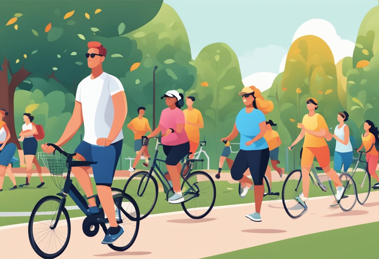 People engaging in physical activities like walking, running, and cycling in a park or outdoor setting, with signs promoting heart health and exercise