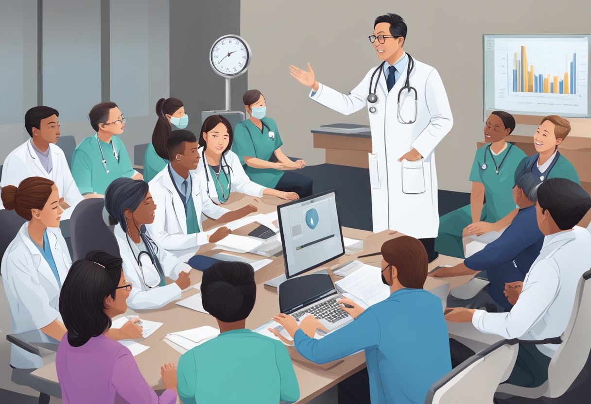 Dr. Raymond Lee, a cardiologist, surrounded by a group of people, answering their questions in a professional and friendly manner