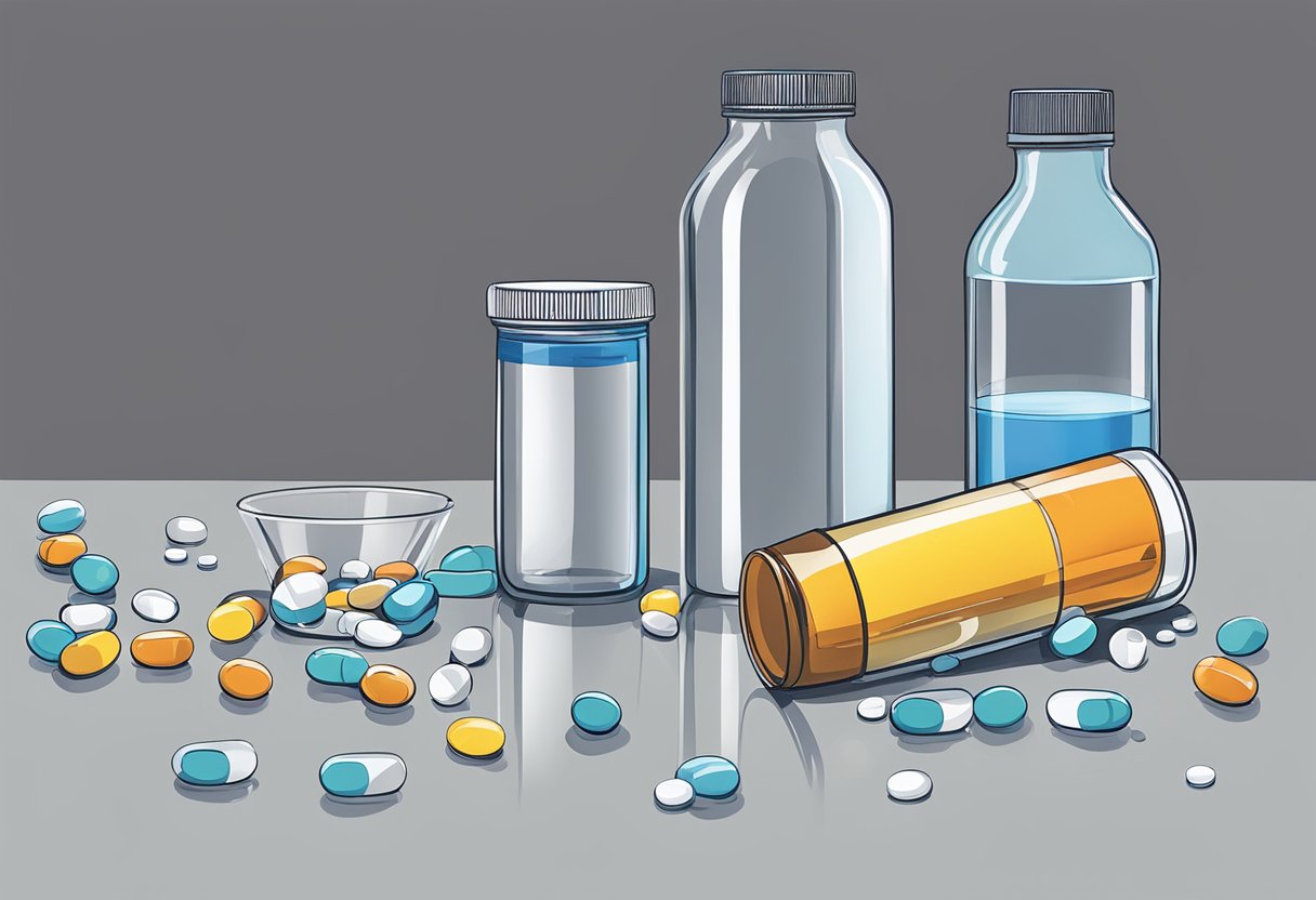 A pill bottle spills, pills scatter, and a glass of water sits nearby