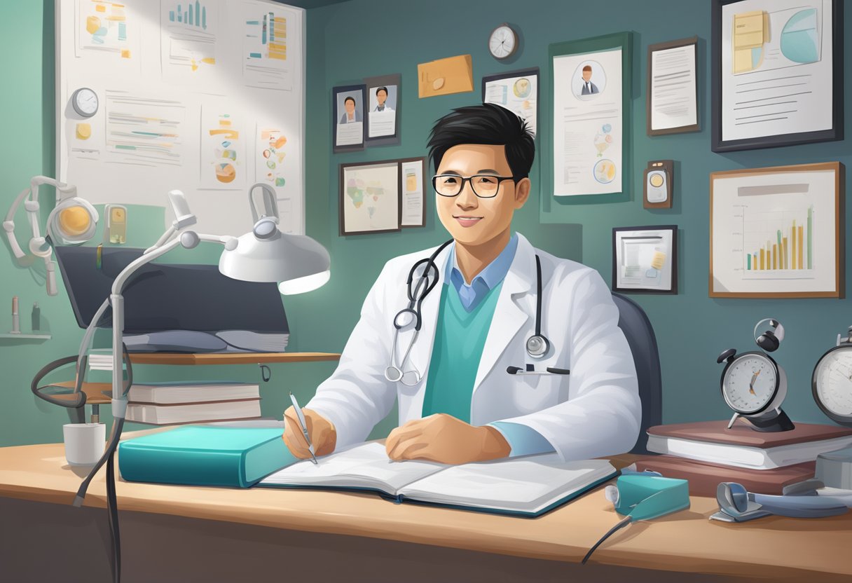 Dr. Julian Tan's medical background and expertise can be depicted through a stethoscope, heart monitor, medical textbooks, and a diploma on the wall