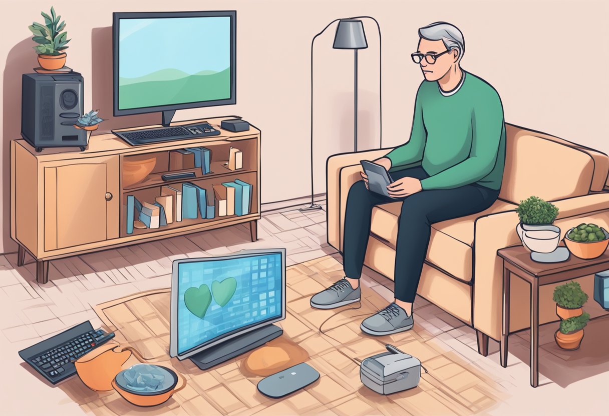 A sedentary figure surrounded by heart disease risk factors: unhealthy foods, a TV, and a computer