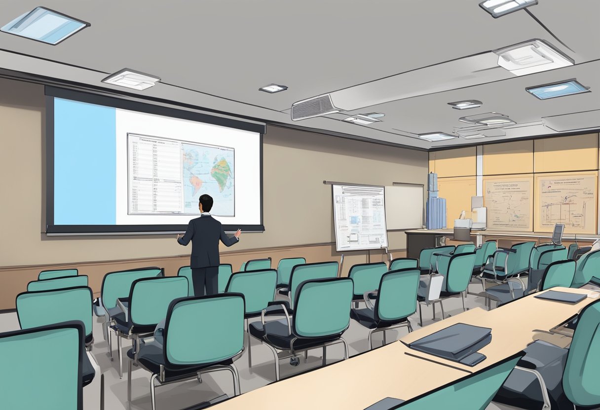 Dr. Julian Tan, a cardiologist, presents his groundbreaking contributions to cardiology in a lecture hall, surrounded by medical equipment and charts