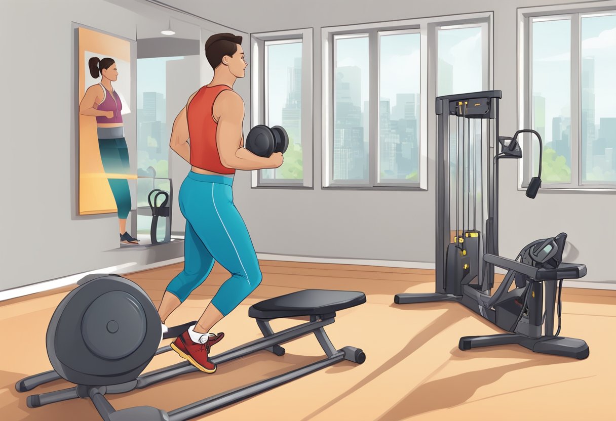 A person follows a heart health exercise program, doing cardio and strength training, while monitoring their heart rate and blood pressure