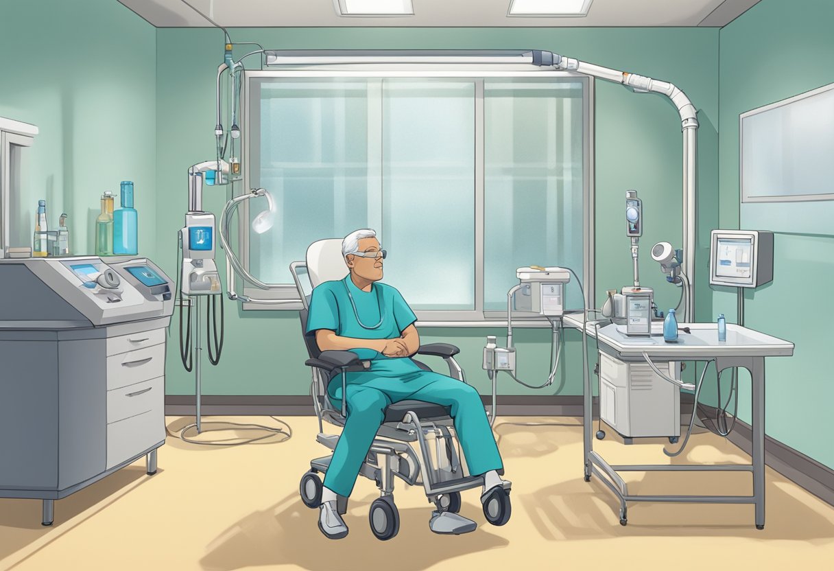 A patient sits in a chair with a clear tube attached to their nose, connected to an oxygen tank. The room is calm and quiet, with soft lighting and medical equipment in the background