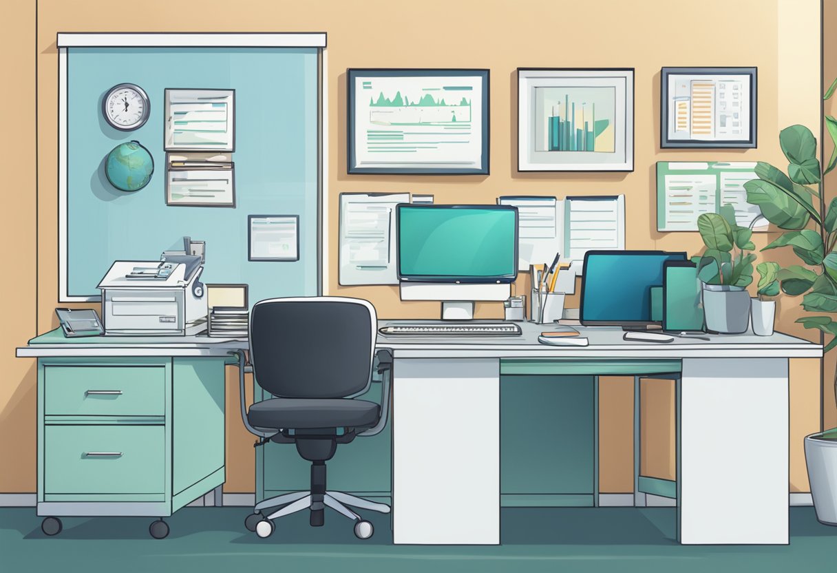 A doctor's office with a desk, computer, and medical equipment. A sign reads "Frequently Asked Questions Dr. Julian Tan, Cardiologist."