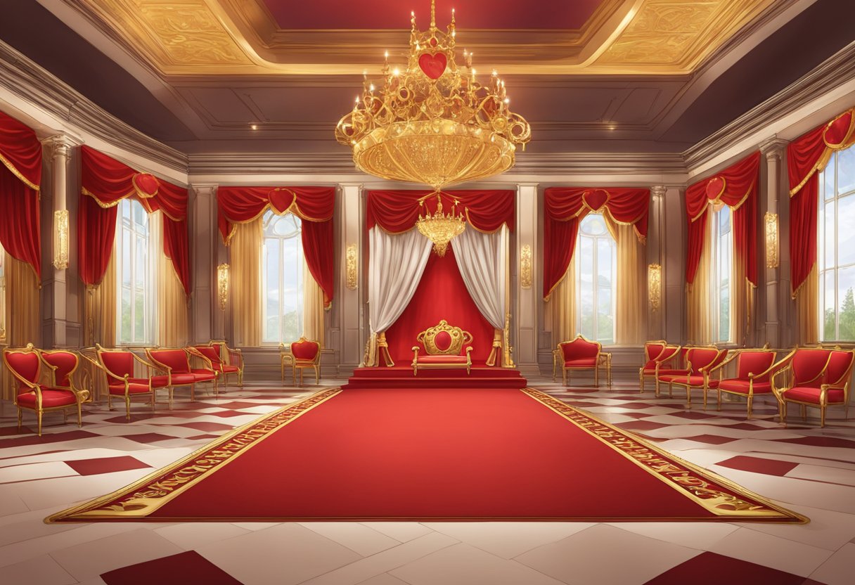 A grand ballroom decorated with red and gold, a regal throne adorned with hearts, and a vibrant queen of hearts costume on display