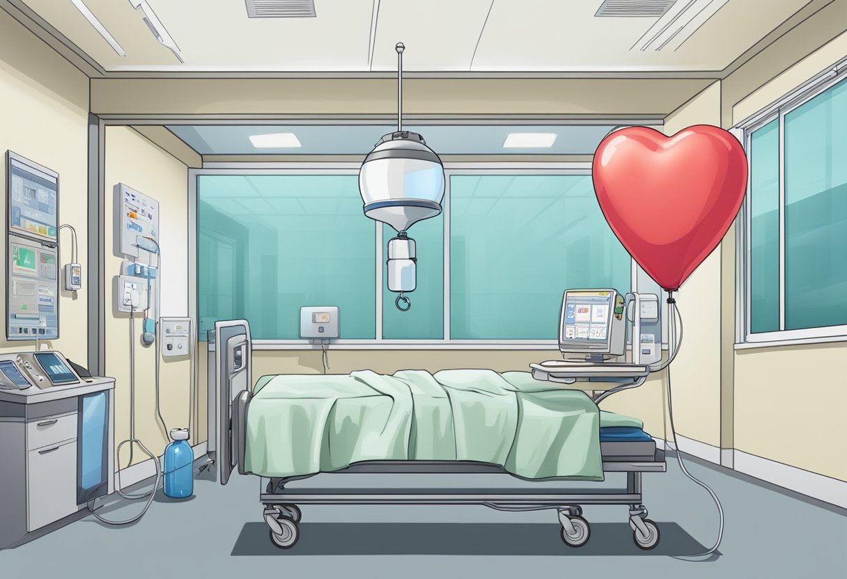 A heart-shaped balloon floats above a hospital bed, connected to an oxygen tank. A monitor displays vital signs