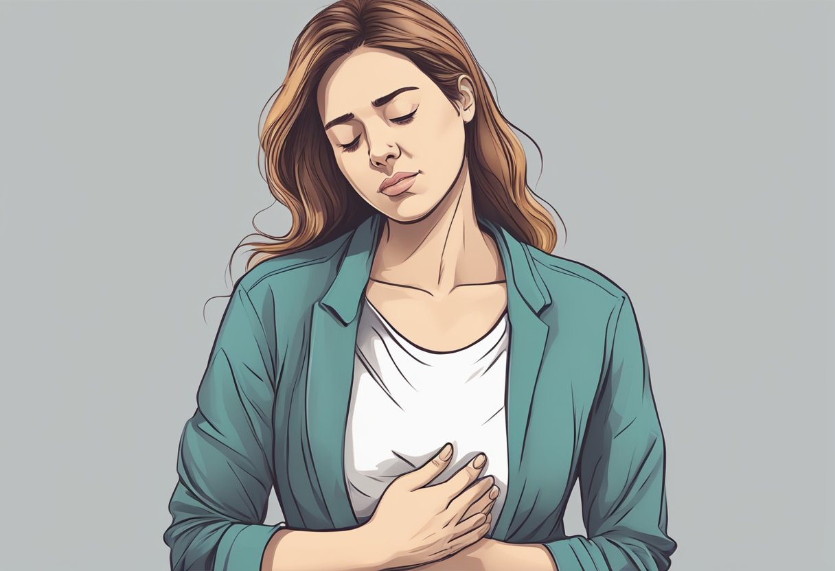 A woman clutching her chest, shortness of breath, fatigue, and dizziness