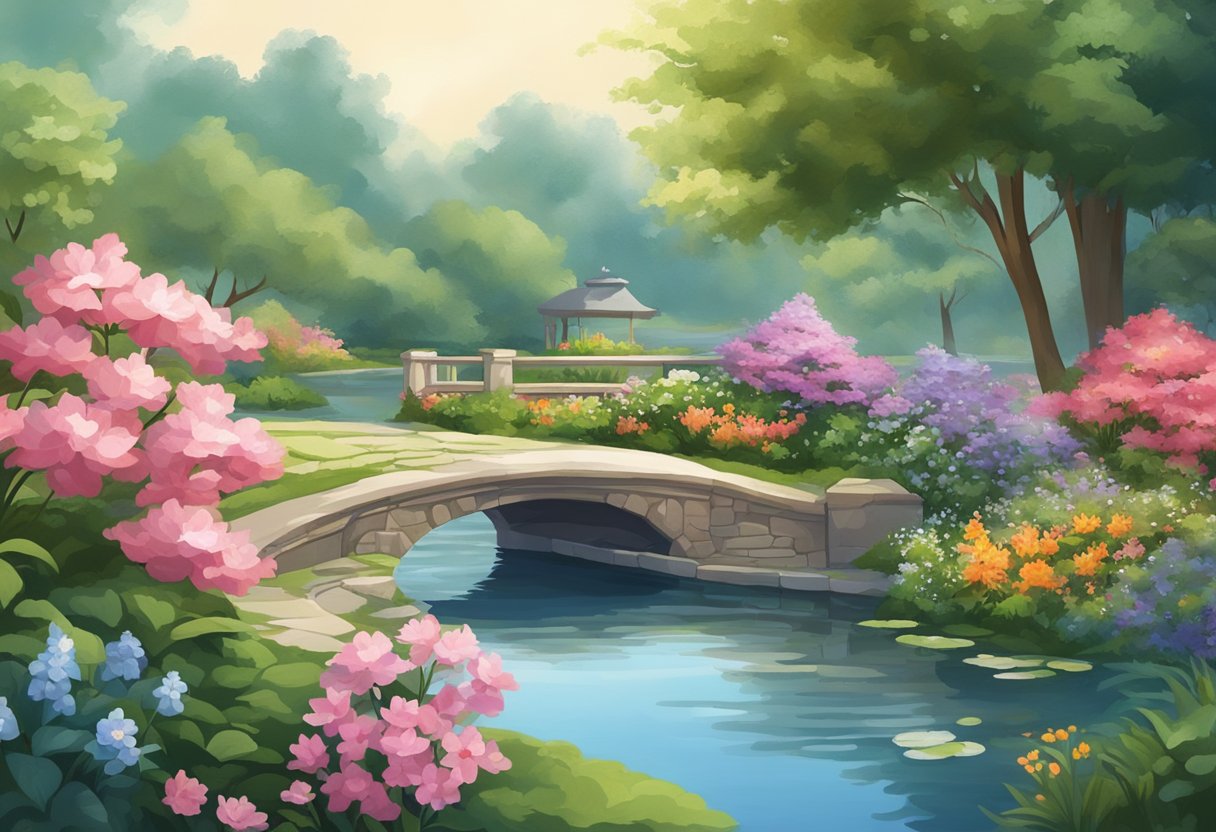 A serene garden with blooming flowers and a peaceful pond, surrounded by lush greenery and a gentle breeze