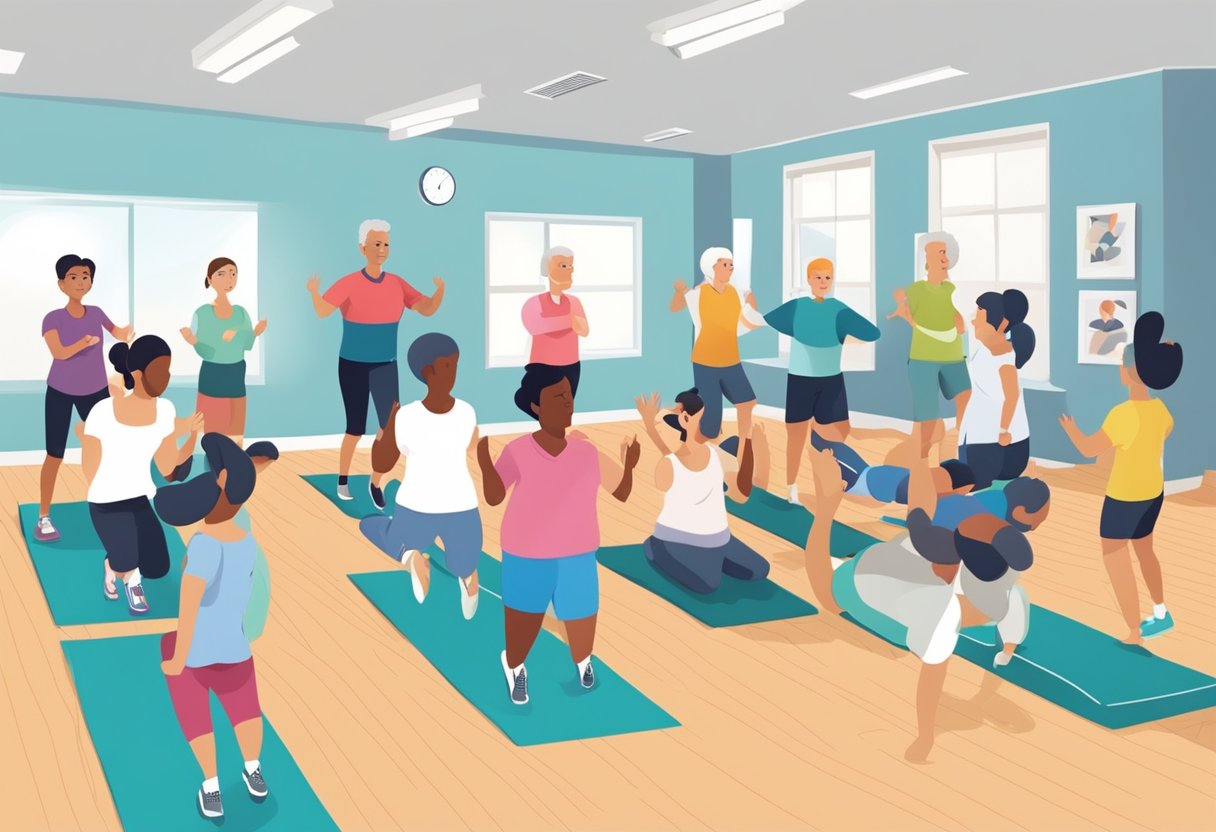 A group of individuals participating in a post-heart attack exercise program, engaging in various physical activities under the guidance of a professional instructor