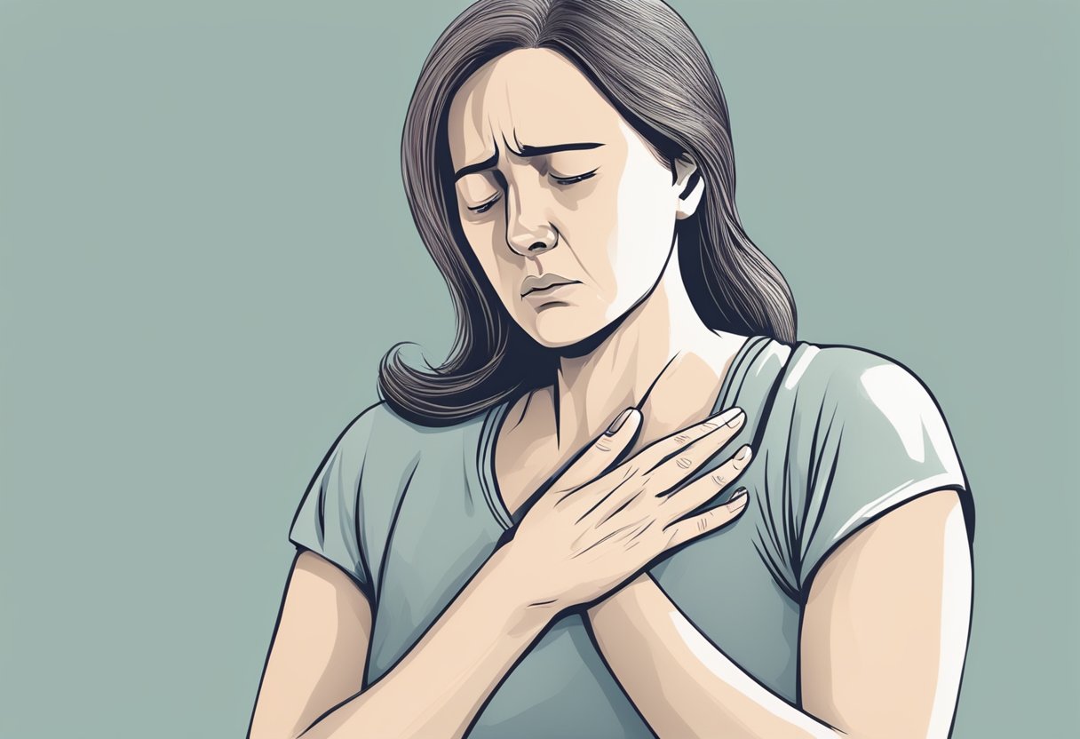 A woman clutching her chest in pain, with a worried expression on her face. She may be experiencing shortness of breath, fatigue, or discomfort in the upper body