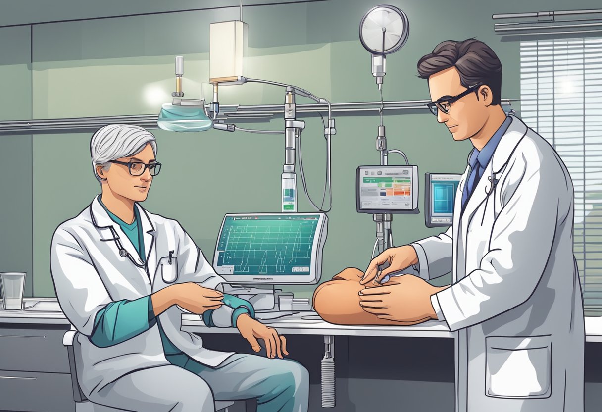A doctor monitors a heart failure patient's vital signs while administering medication and adjusting the IV drip