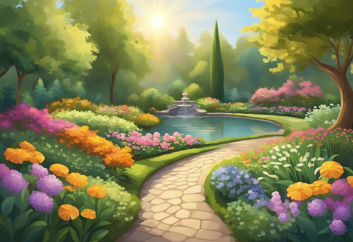 A serene garden with a winding path leading to a tranquil pond, surrounded by lush greenery and colorful flowers. The sun shines gently, casting a warm glow over the peaceful scene