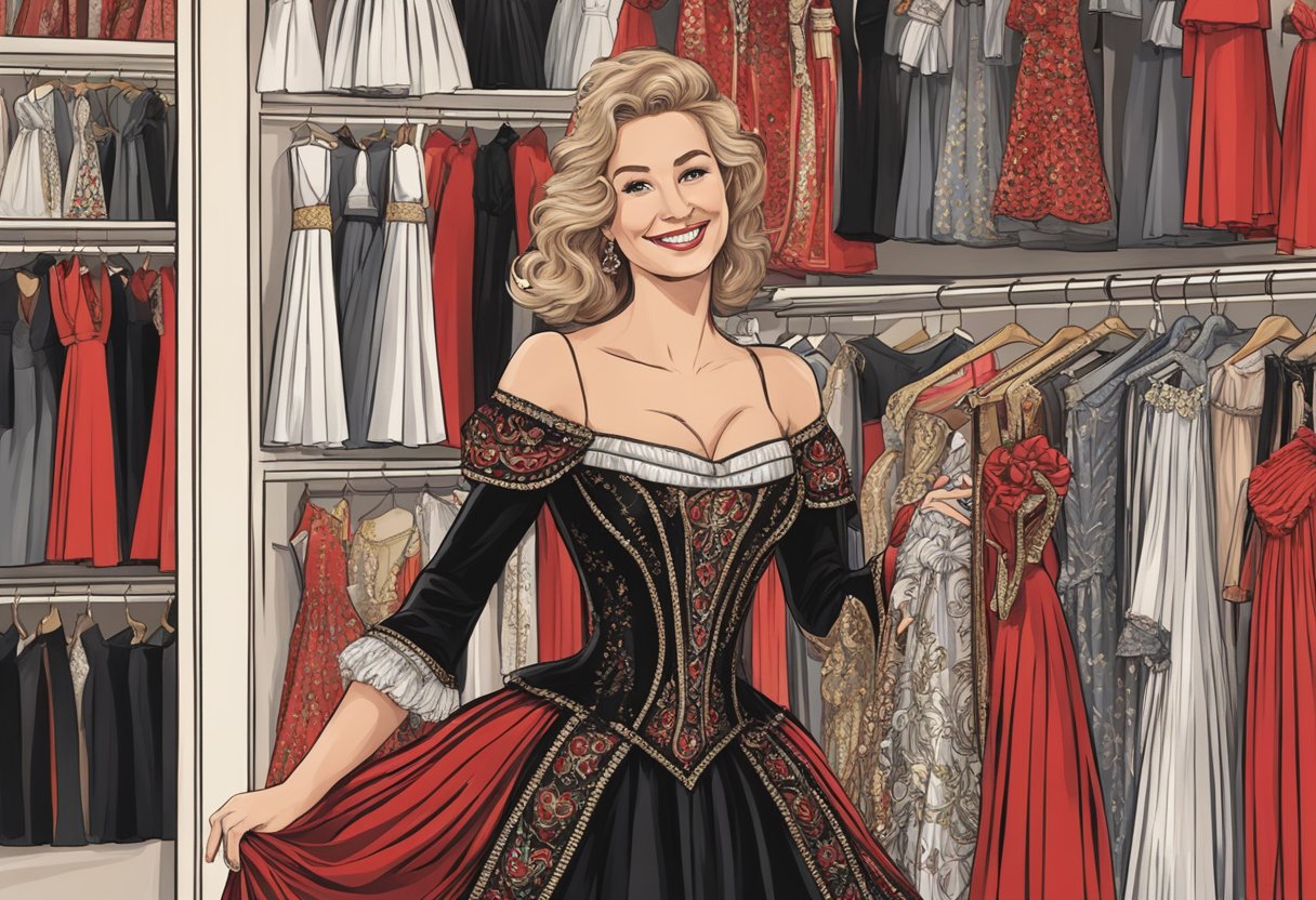 A woman searches through racks of elaborate red and black costumes, holding up a Queen of Hearts dress with a satisfied smile