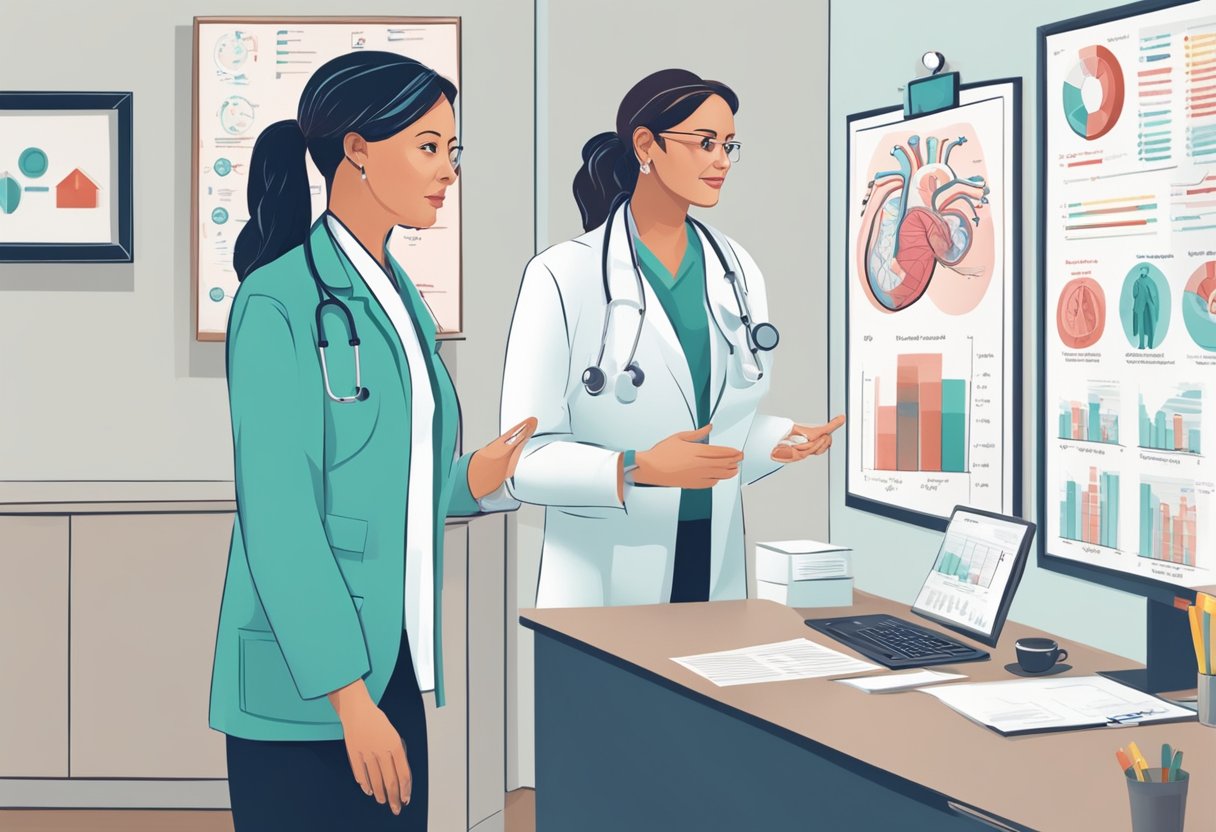 A woman stands in a doctor's office, discussing treatment options for heart disease. Charts and diagrams on the wall illustrate different management strategies