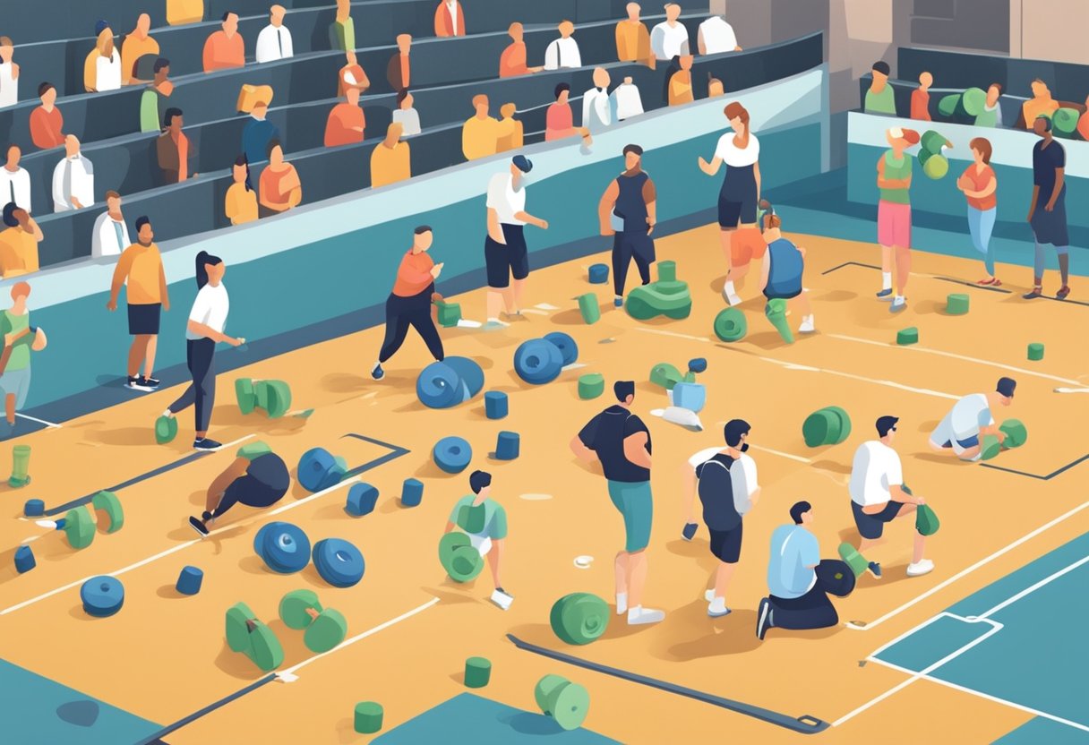 A gym floor with scattered weights and an empty water bottle, surrounded by concerned onlookers and a paramedic rushing in with a defibrillator