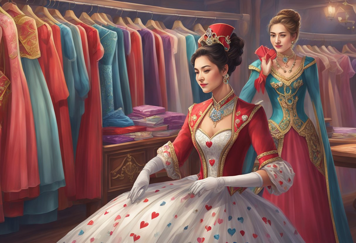 A customer choosing fabric and accessories to customize a queen of hearts costume in a Singapore costume shop