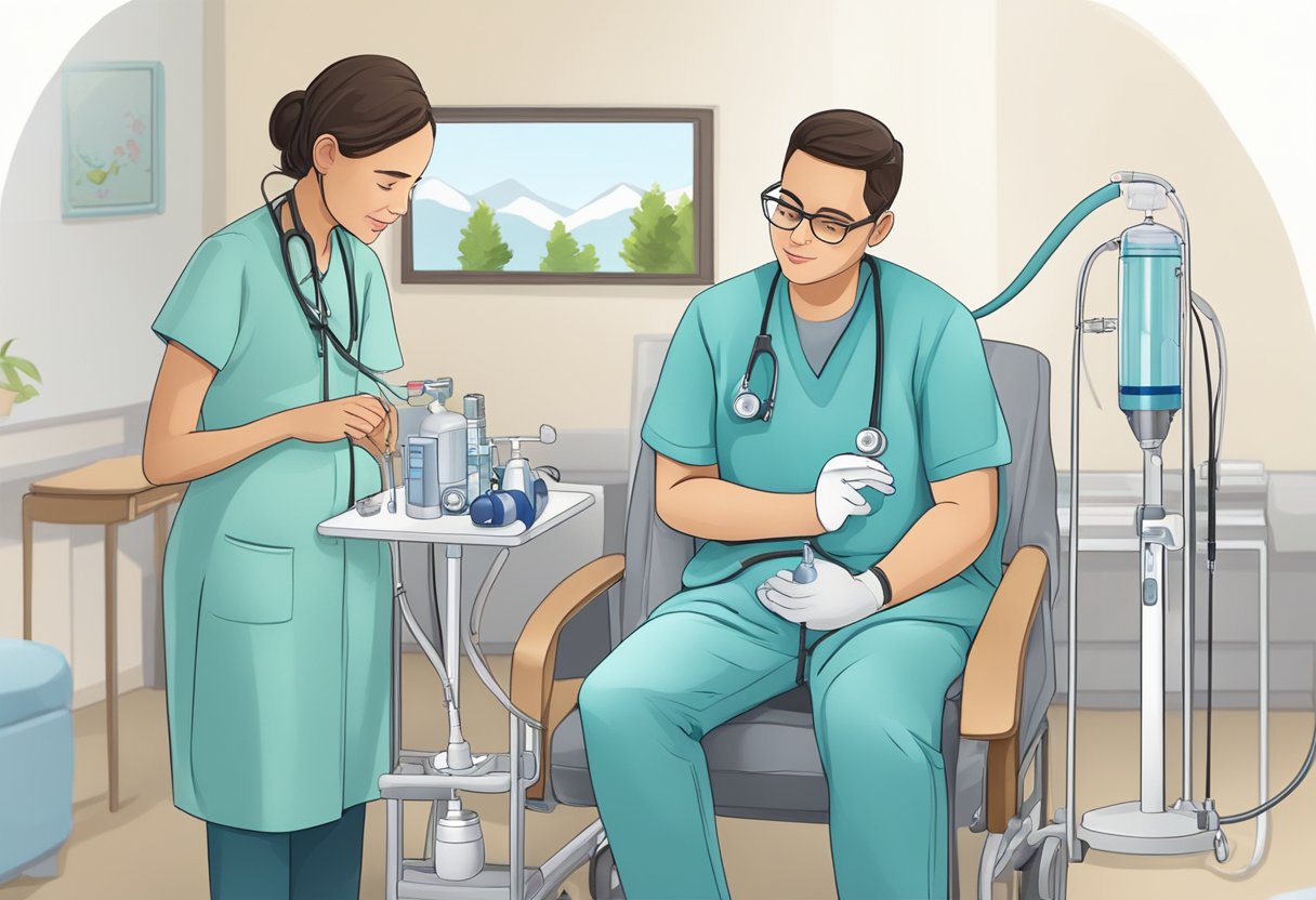 A patient's room with an oxygen tank connected to a nasal cannula, a doctor explaining oxygen therapy to a caregiver