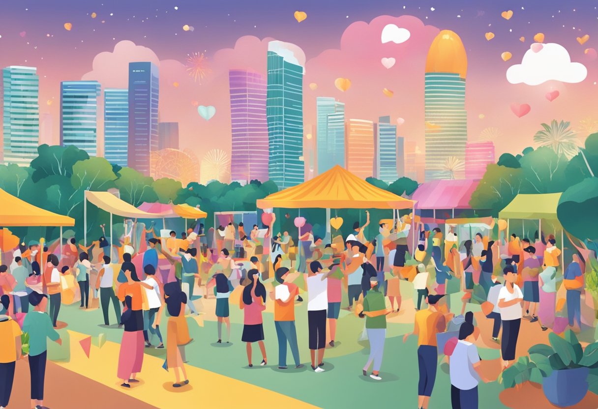 A bustling community event in Singapore, with people engaging in heartfulness activities, surrounded by vibrant decorations and lively music