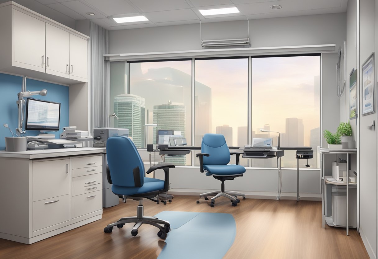 A cardiologist's office in Singapore with medical equipment and a desk