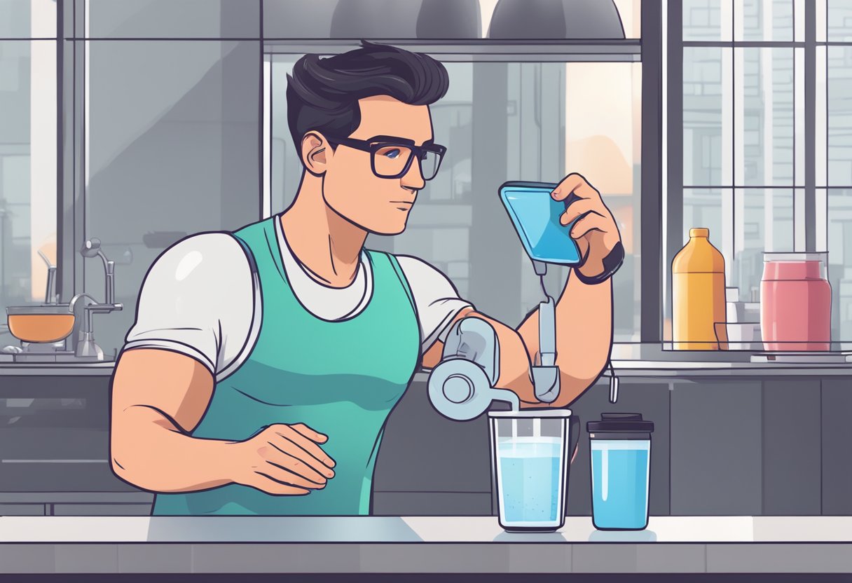 A person mixing pre-workout powder into a glass of water with a concerned look on their face, while a heart rate monitor shows an elevated heart rate