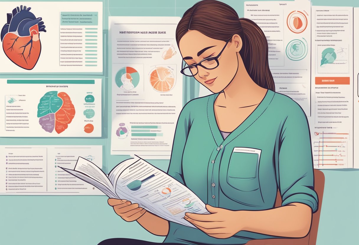 A woman reading a pamphlet with a list of common symptoms of heart disease, surrounded by medical charts and diagrams