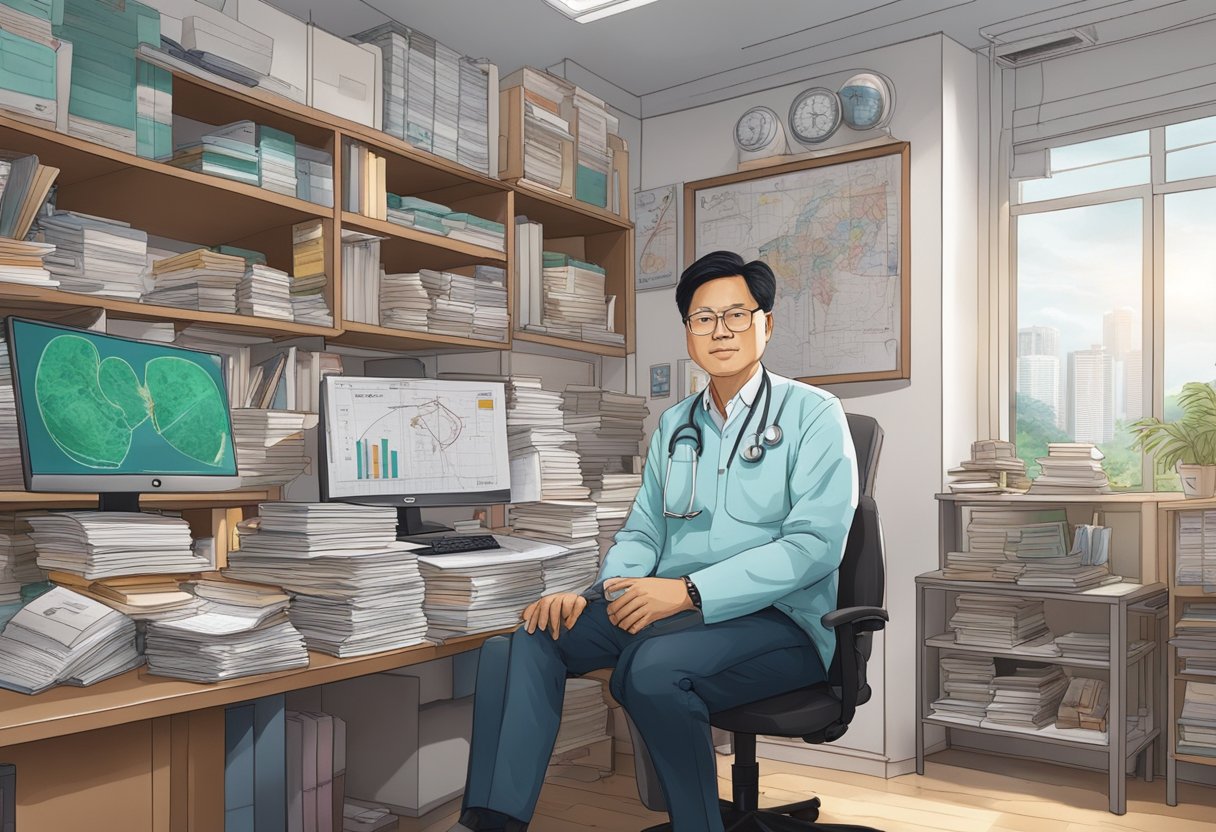 Dr. Tan Kok Soon's office, cluttered with medical textbooks and heart diagrams, showcases his expertise as a cardiologist in Singapore