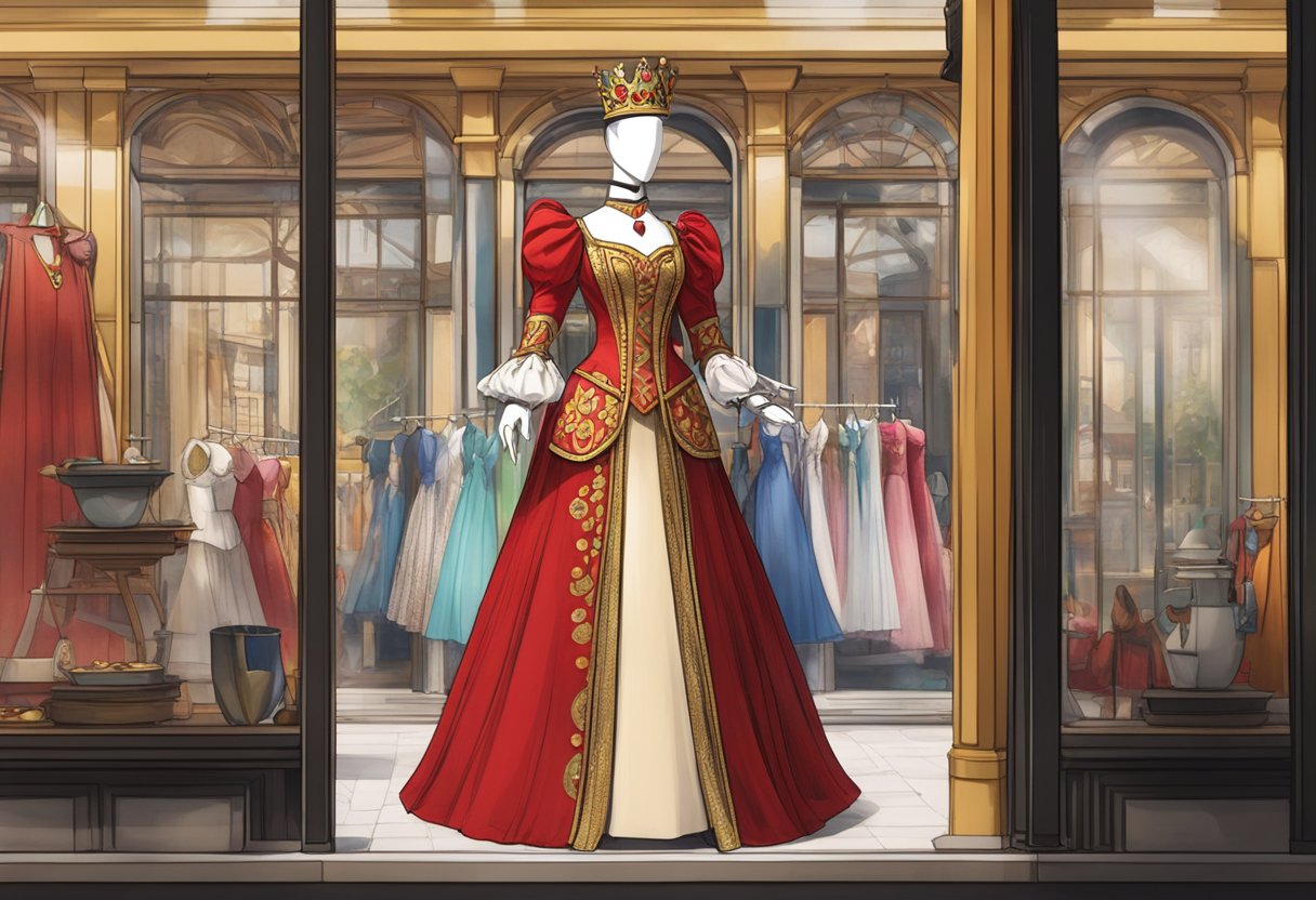 A regal queen of hearts costume displayed on a mannequin in a vibrant Singaporean shop window