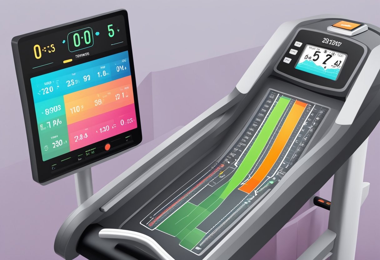 A heart rate monitor displays different running zones on a treadmill with a chart and a stopwatch nearby